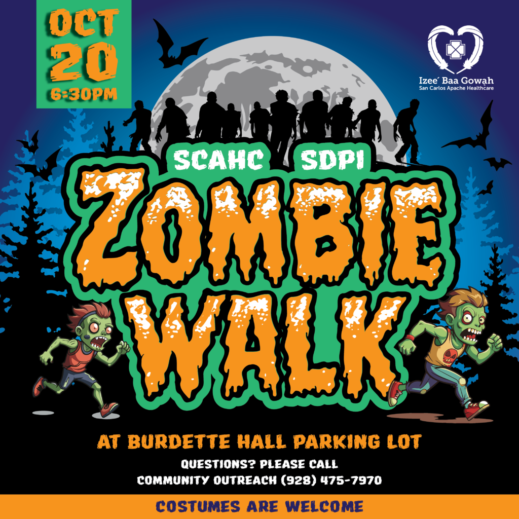 Flyer for Zombie Walk. October 20, 2026 at 6:30pm. Located at Burdette Hall.